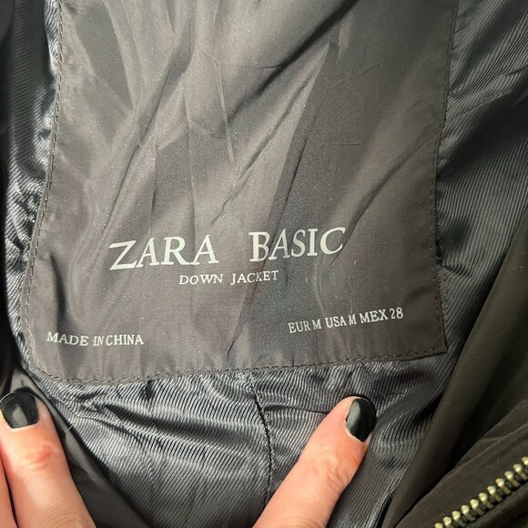 Zara Slim Fitted Down Fill Long Jacket Coat Collar Knee Length Black Size M - Picture 3 of 13